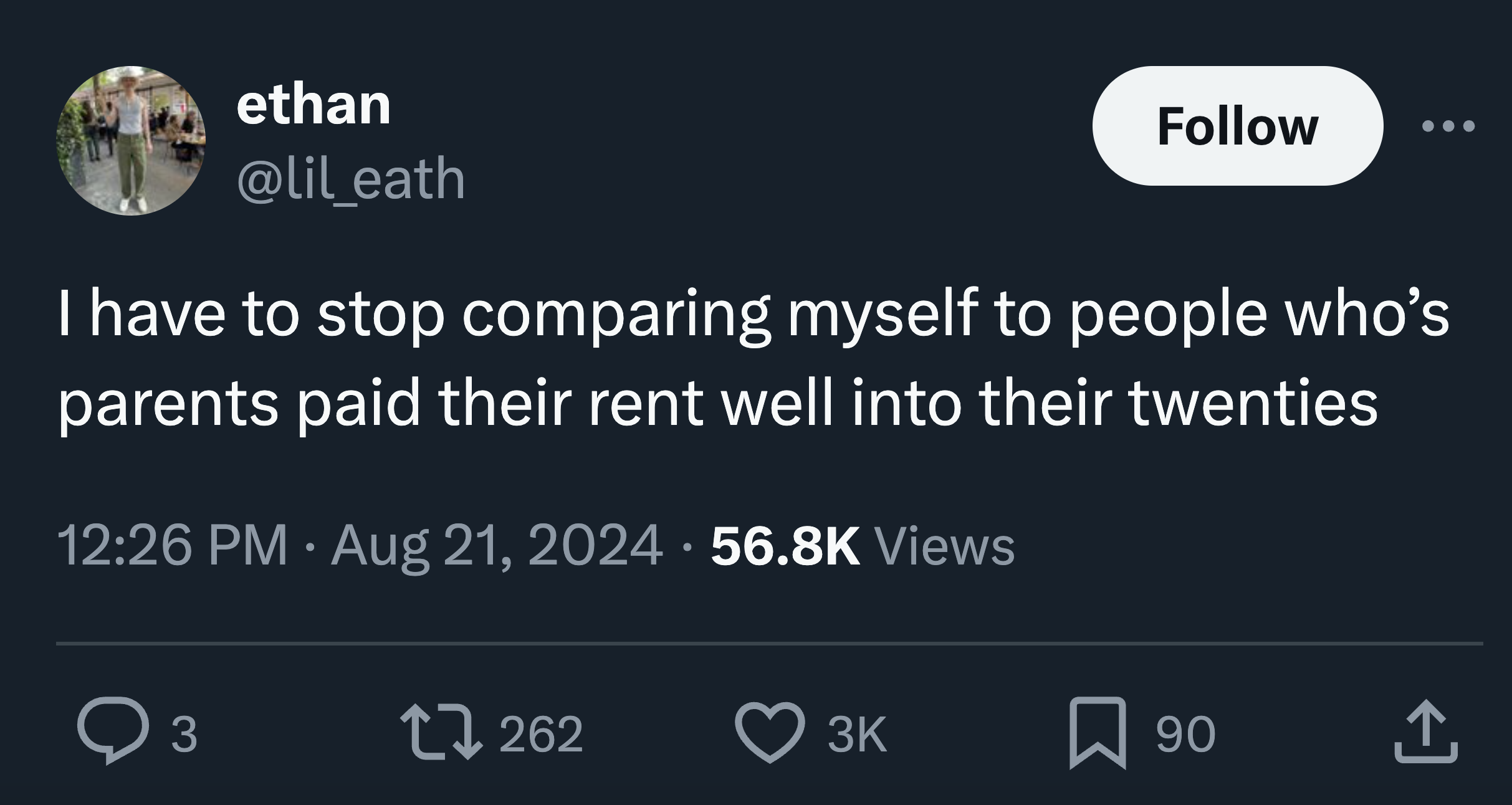 screenshot - ethan I have to stop comparing myself to people who's parents paid their rent well into their twenties Views 3 90